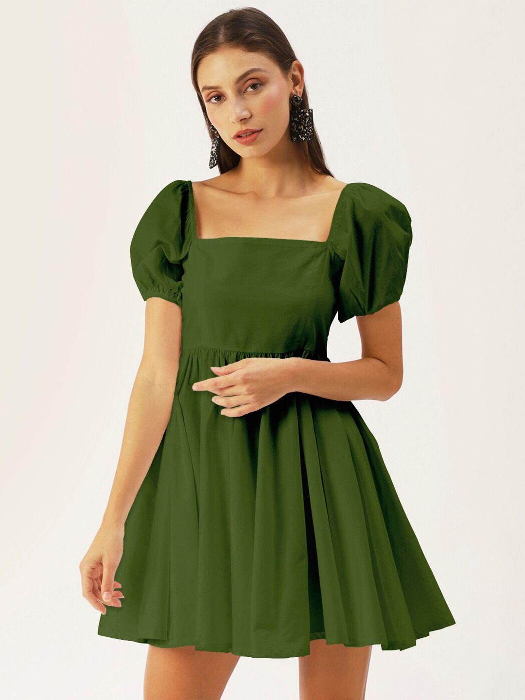 dressberry women olive green solid fit & flare dress