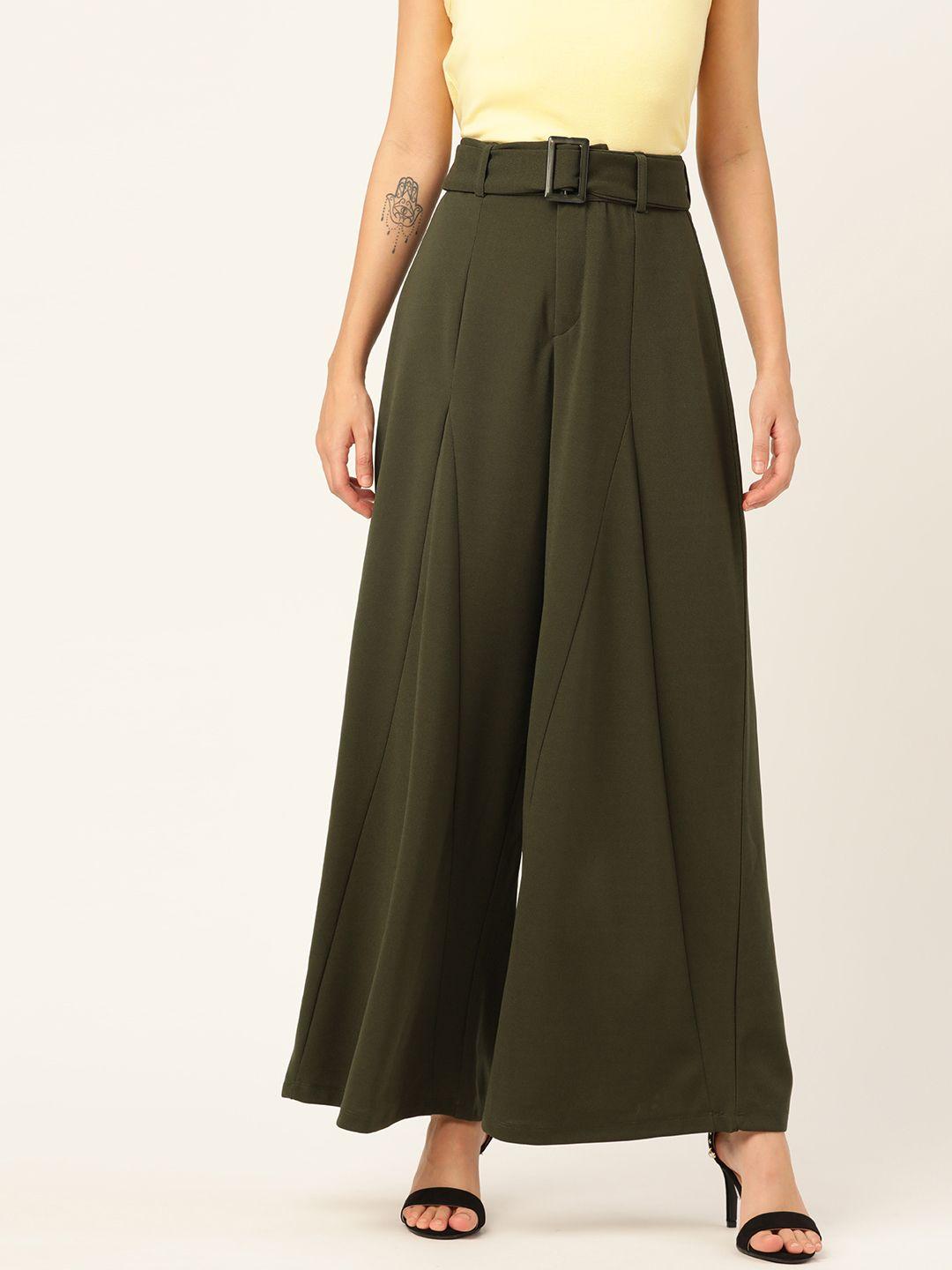 dressberry women olive green solid parallel trousers