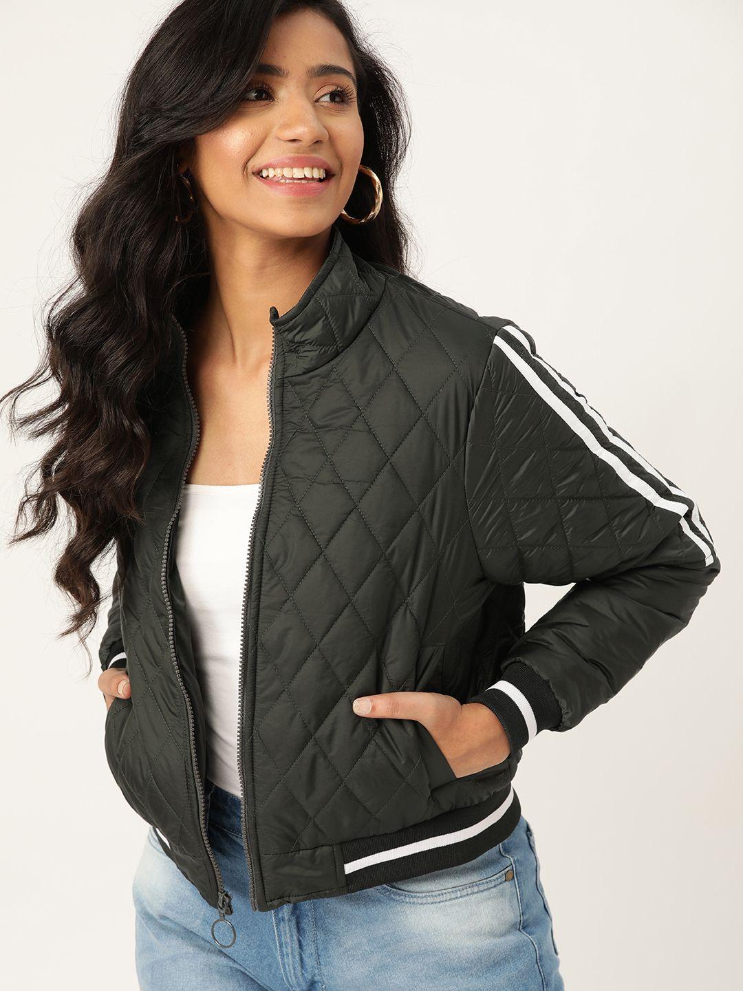 dressberry women olive green solid quilted varsity jacket