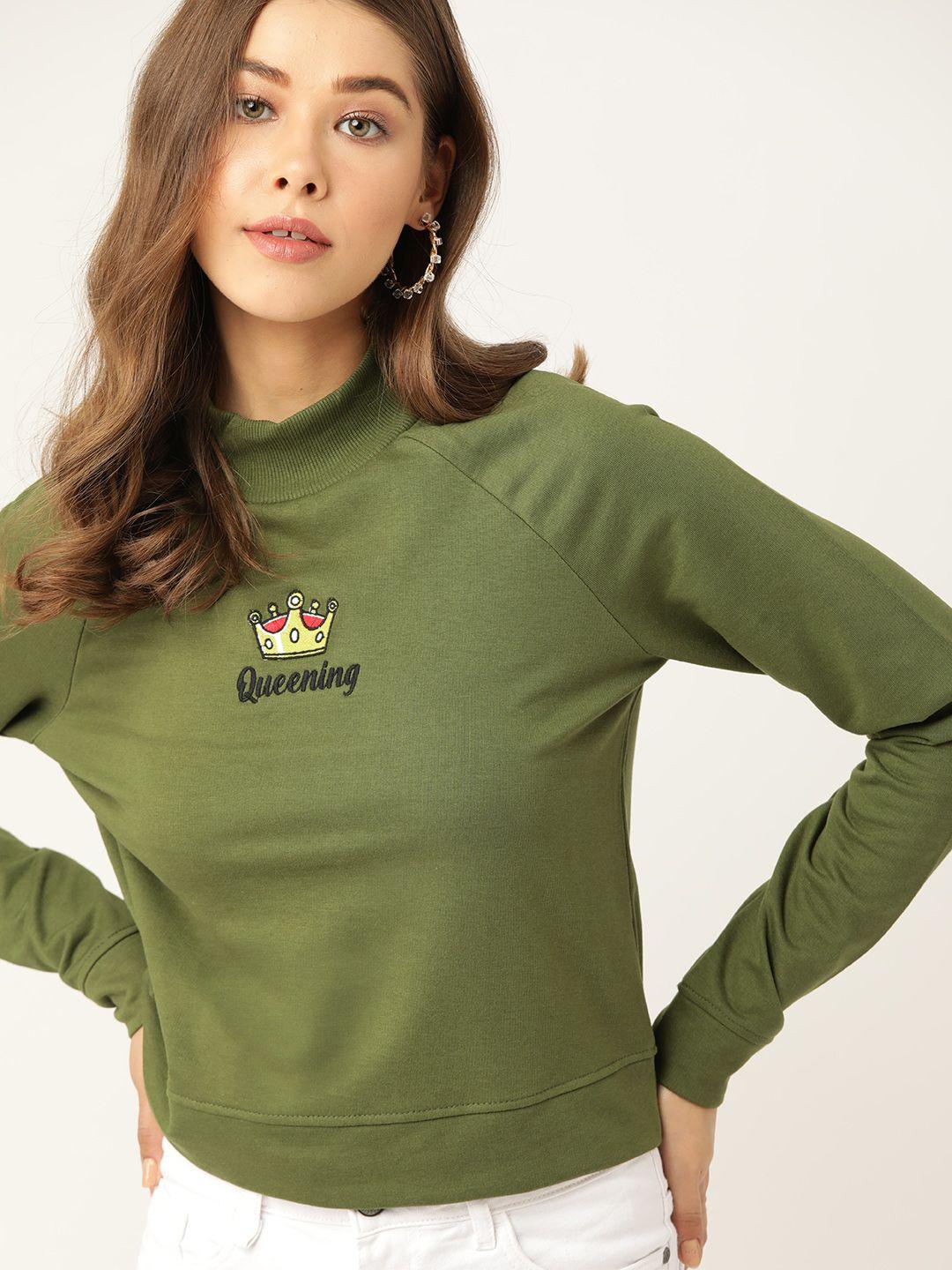 dressberry women olive green solid sweatshirt with applique detail