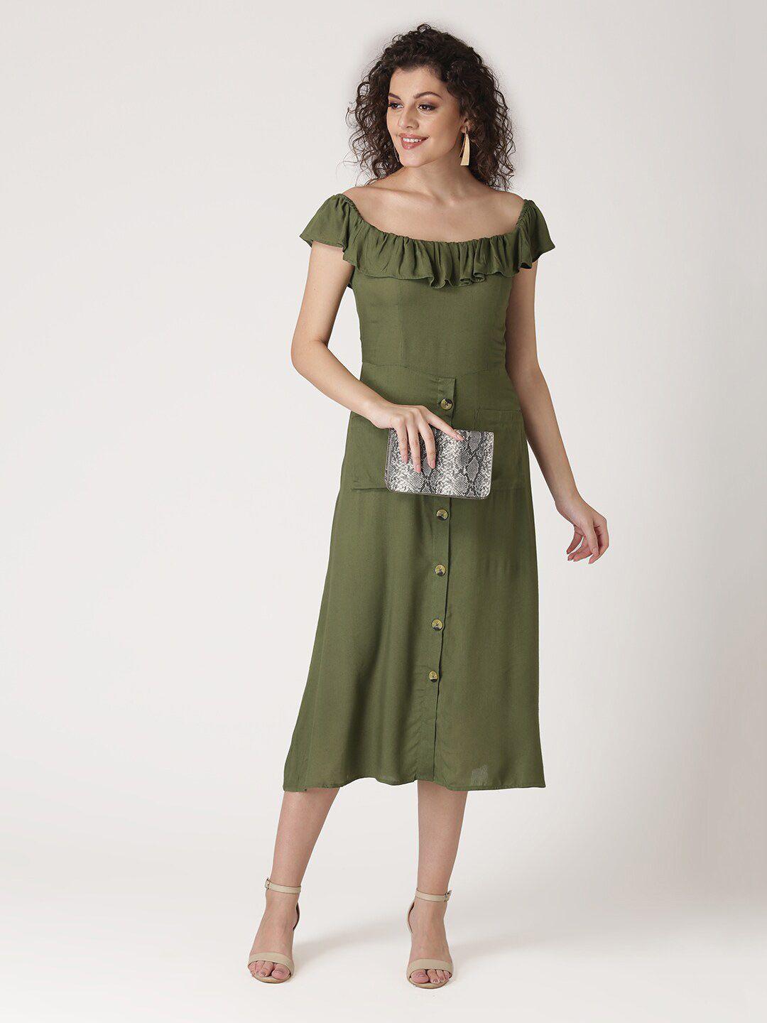 dressberry women olive green square neck a-line midi dress