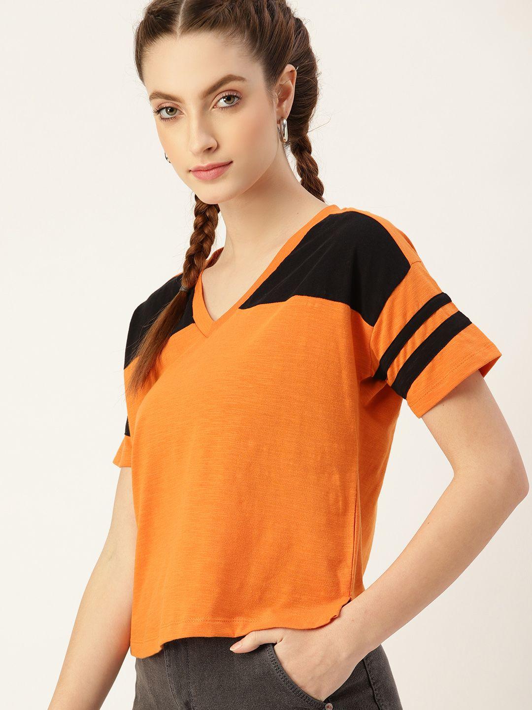 dressberry women orange & black colourblocked v-neck pure cotton t-shirt