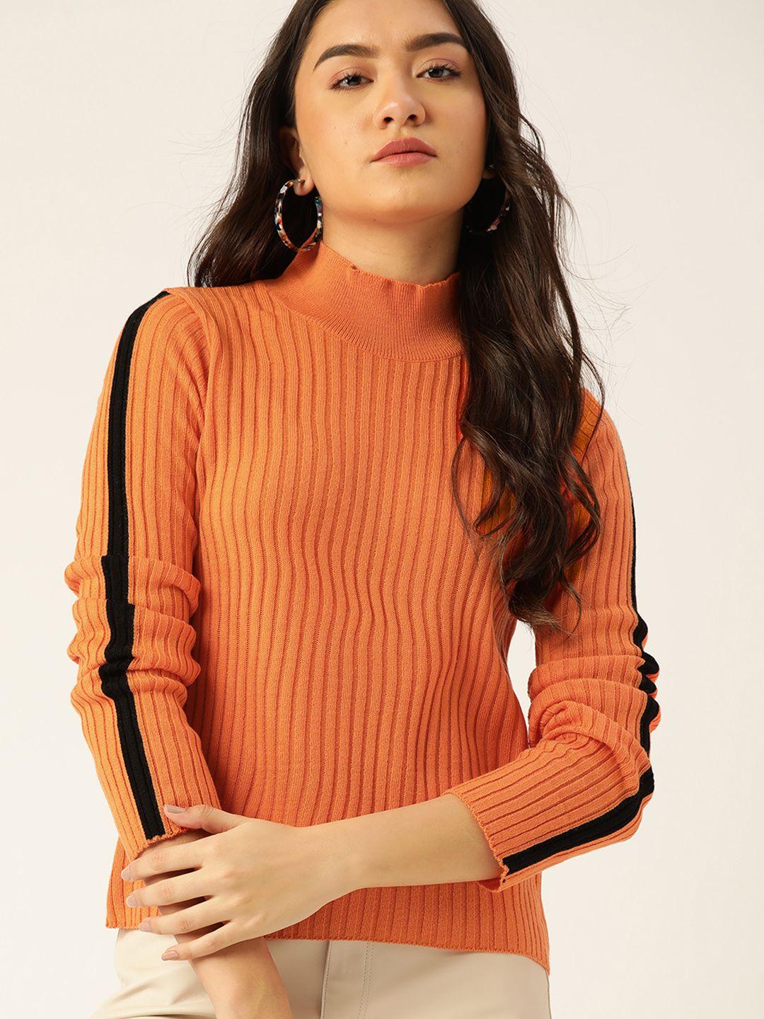 dressberry women orange ribbed turtle neck acrylic pullover sweater