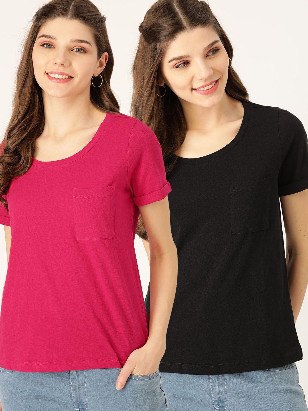 dressberry women pack of 2 solid round neck pure cotton t-shirts