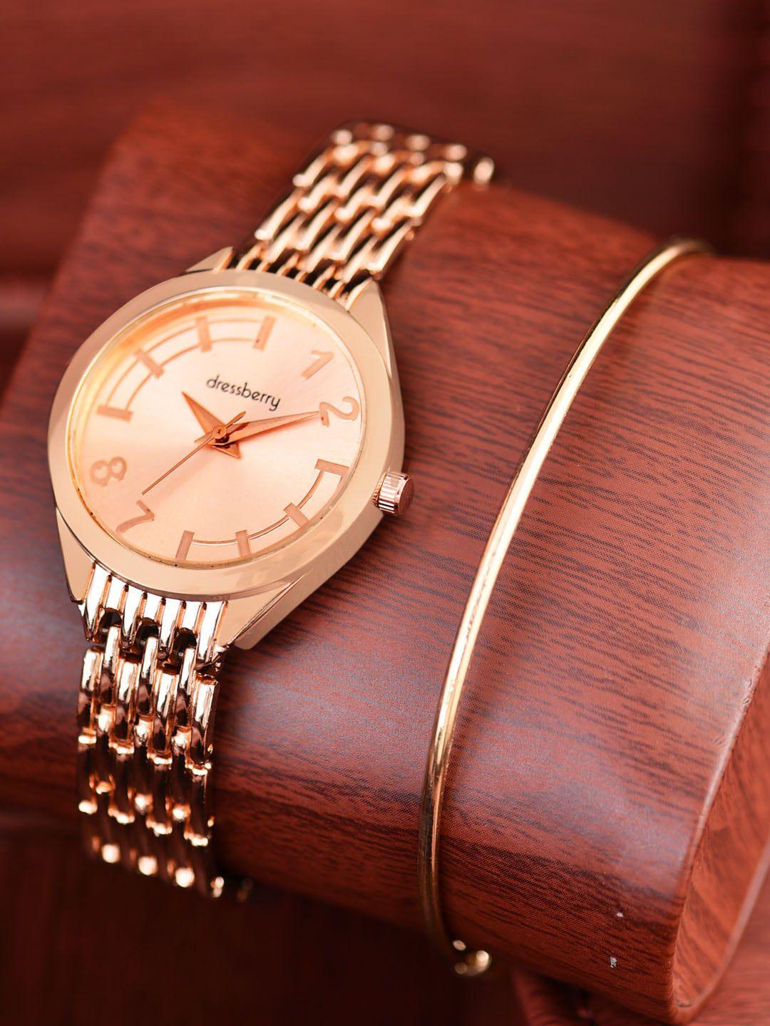 dressberry women patterned dial & rose gold-plated bracelet style straps analogue watch