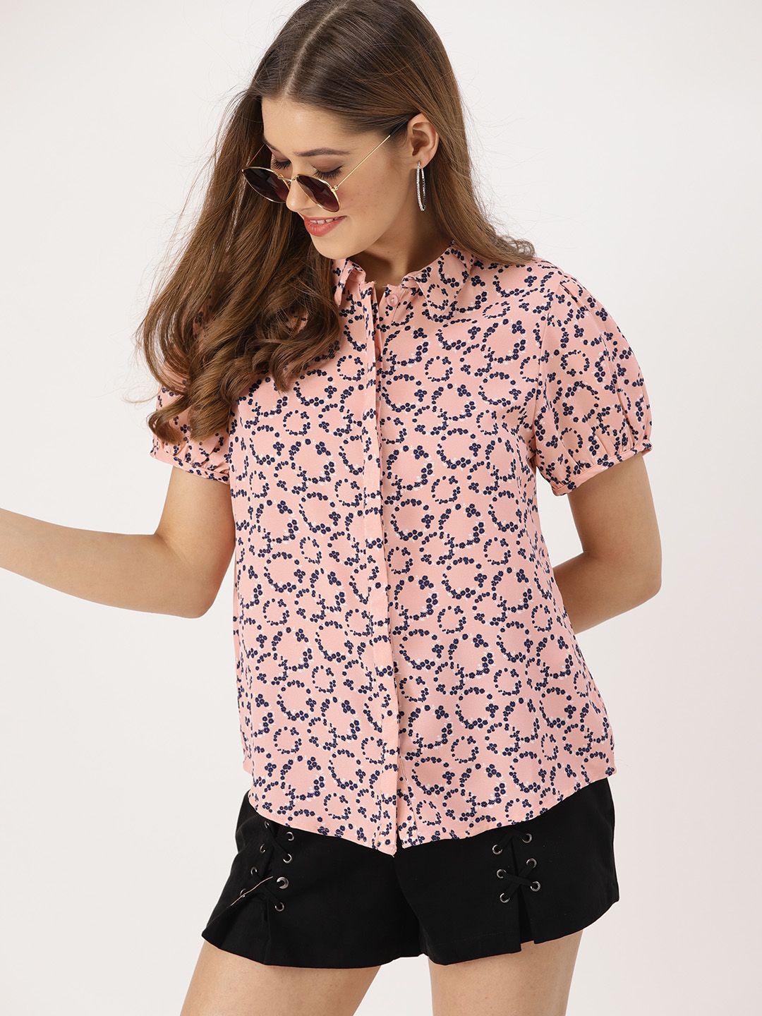 dressberry women peach-coloured & navy blue regular fit printed casual shirt