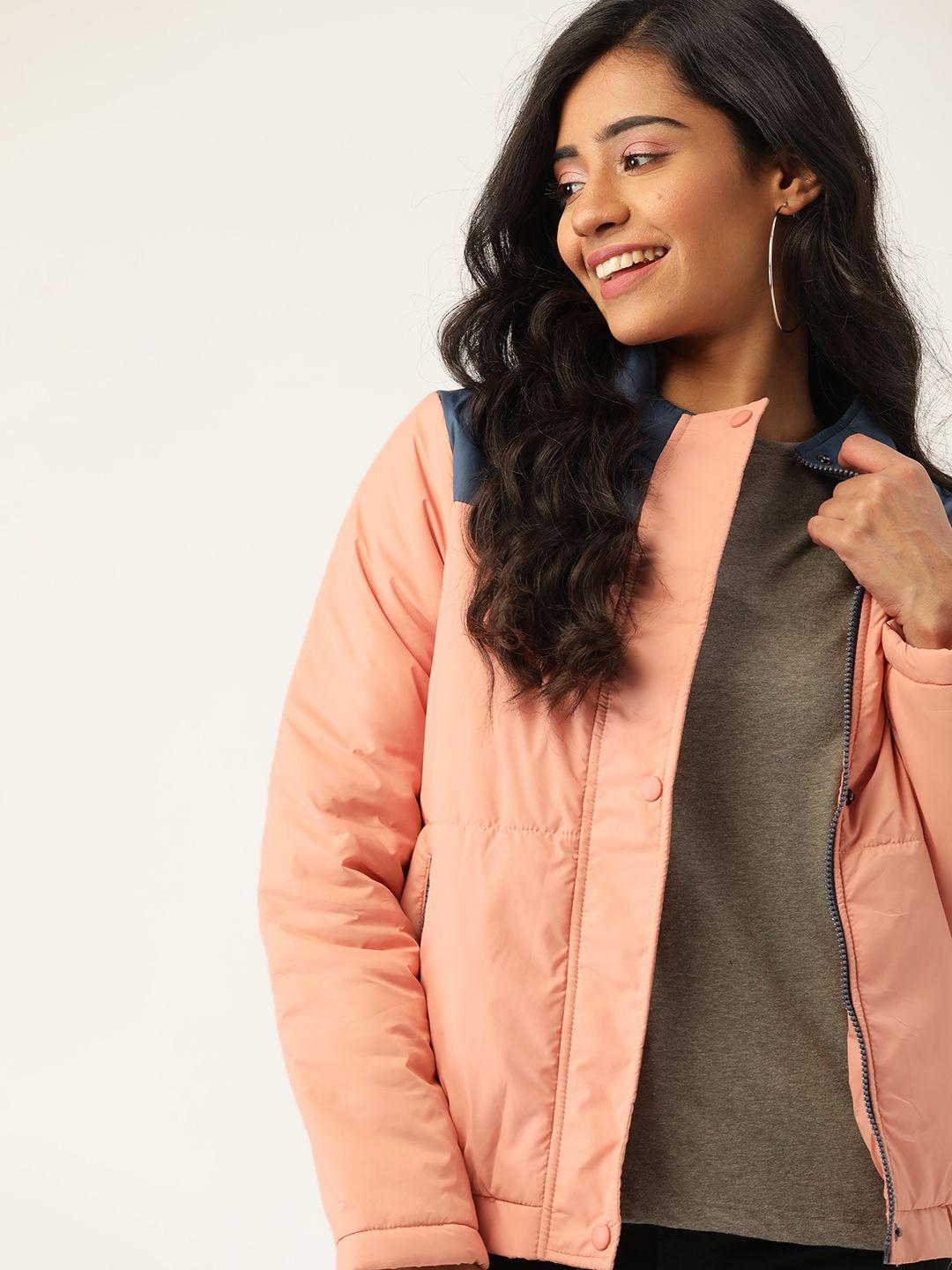 dressberry women peach-coloured blue padded hooded jacket