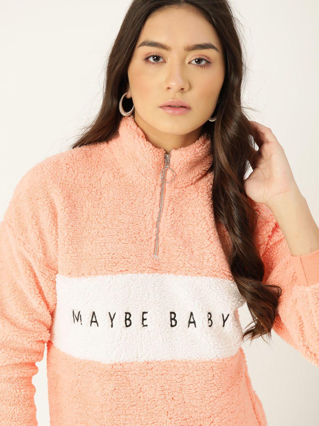 dressberry women peach-coloured colourblocked sherpa sweatshirt