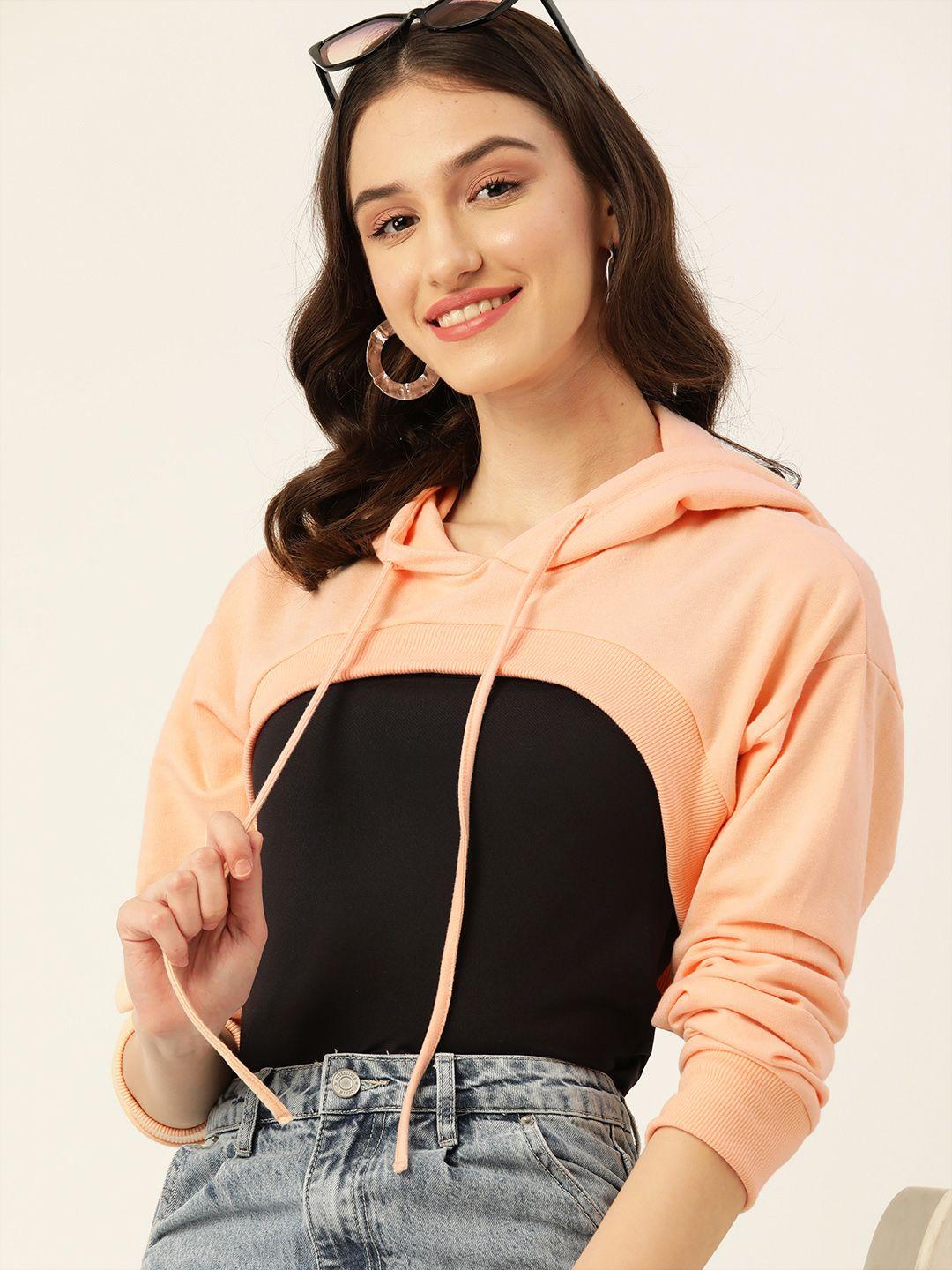 dressberry women peach-coloured hooded solid crop sweatshirt