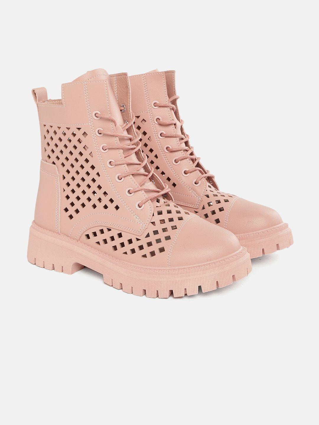 dressberry women peach-coloured laser cuts mid-top flat boots