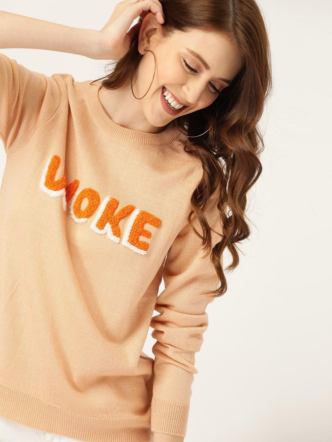 dressberry women peach-coloured solid acrylic pullover with applique