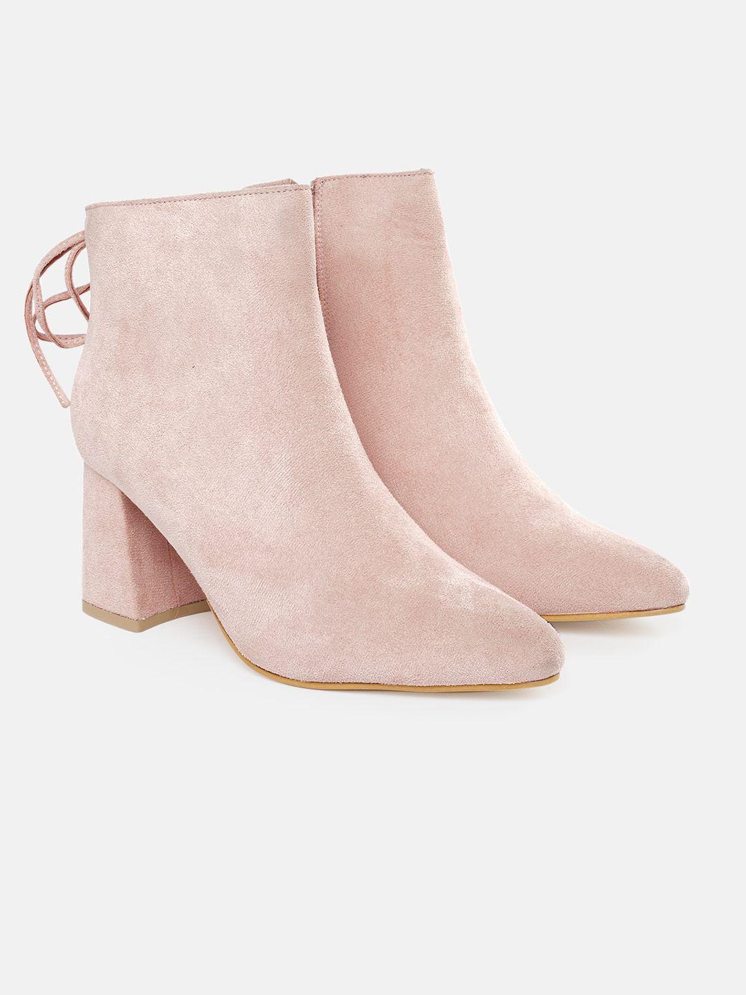 dressberry women peach-coloured solid mid-top heeled boots