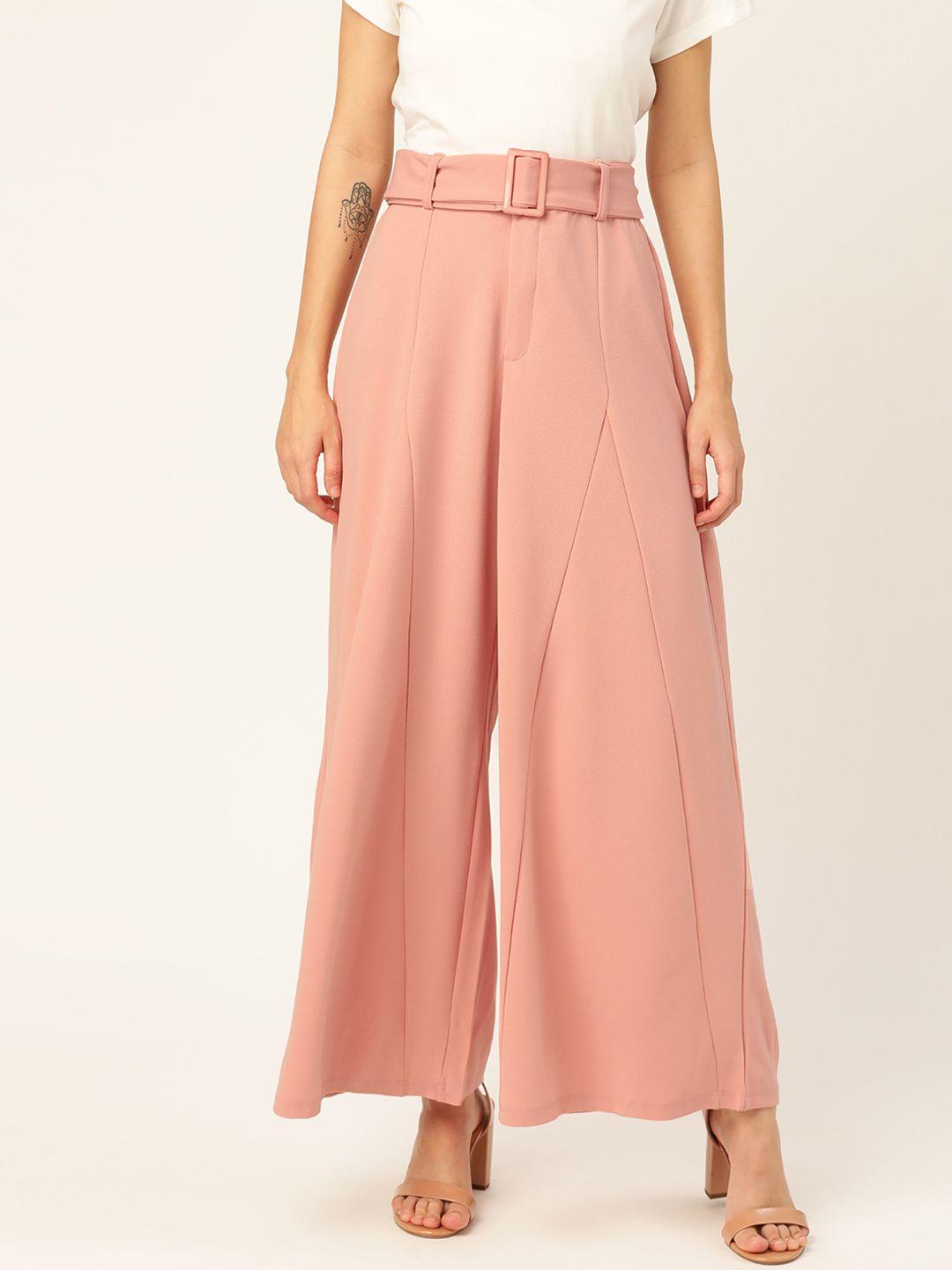 dressberry women peach-coloured solid panelled parallel trousers