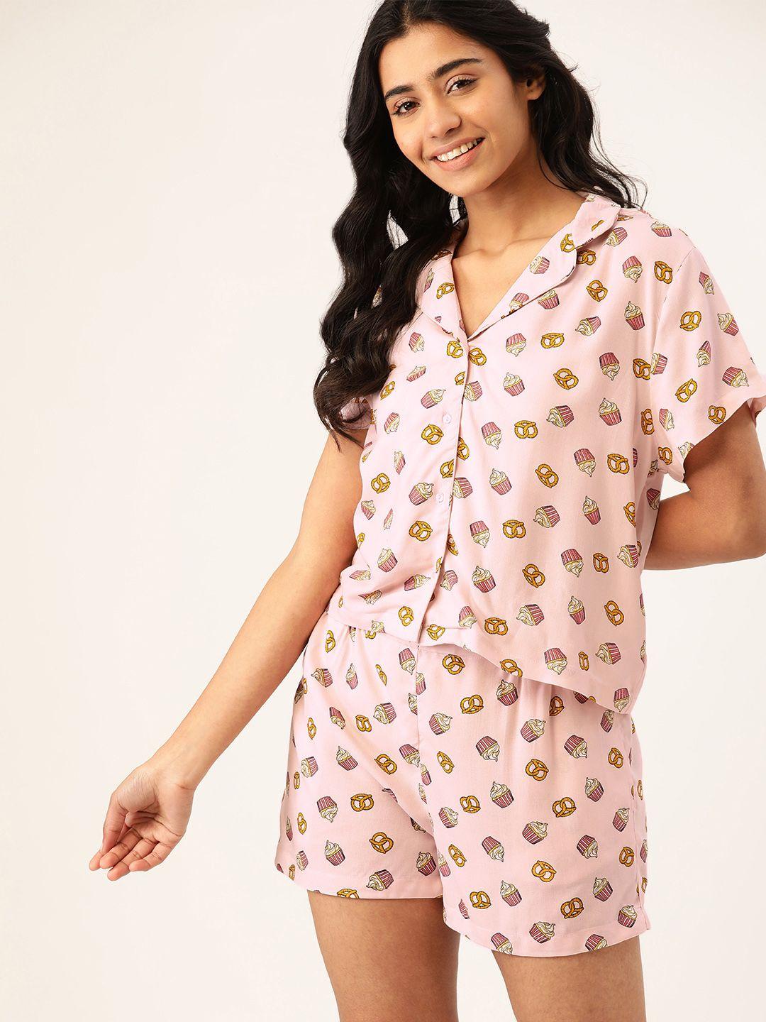 dressberry women pink & beige printed sustainable ecovero night suit