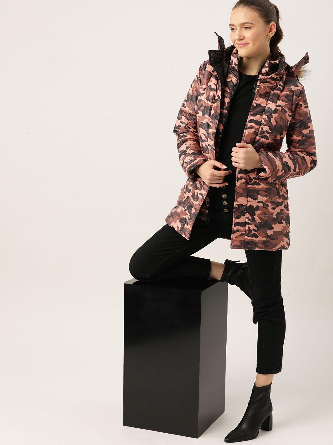 dressberry women pink & black camouflage print longline parka jacket