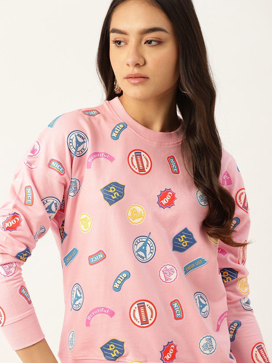 dressberry women pink & blue travel badges printed cotton sweatshirt