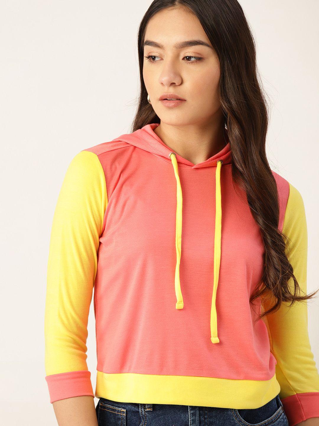 dressberry women pink & yellow solid hooded t-shirt