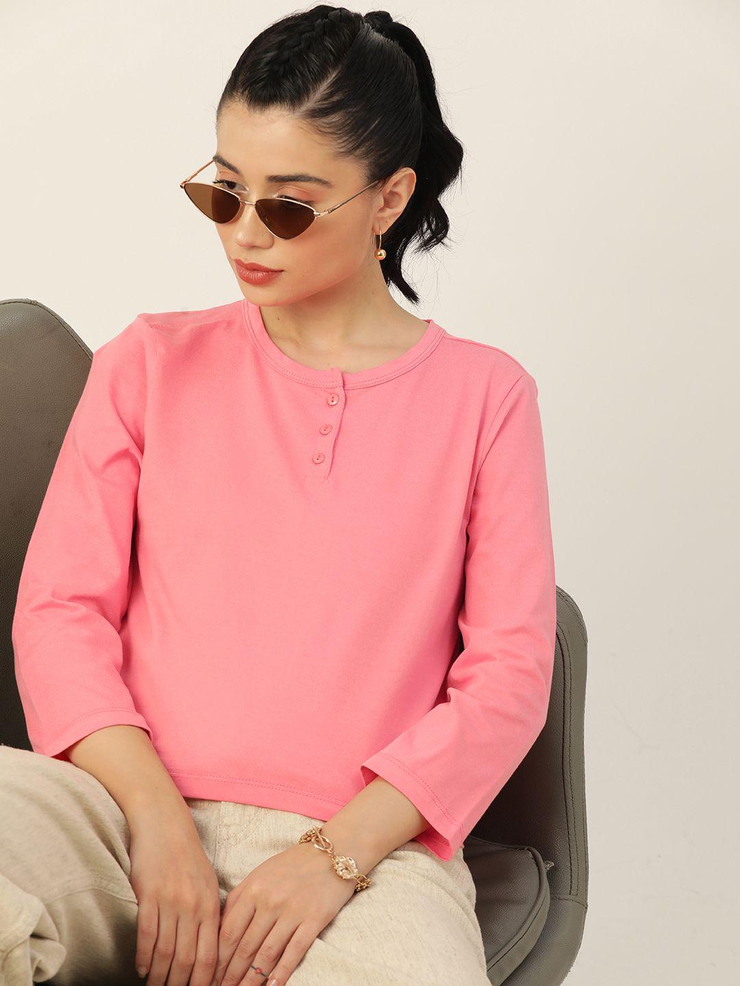 dressberry women pink pure cotton henley neck t-shirt