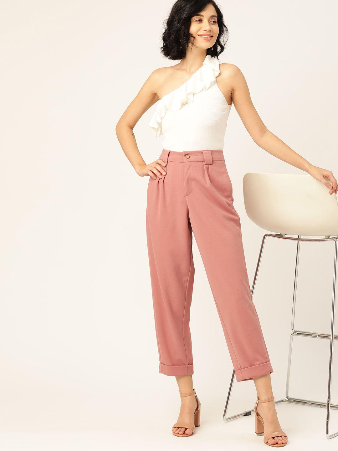 dressberry women pink regular fit solid cropped trousers
