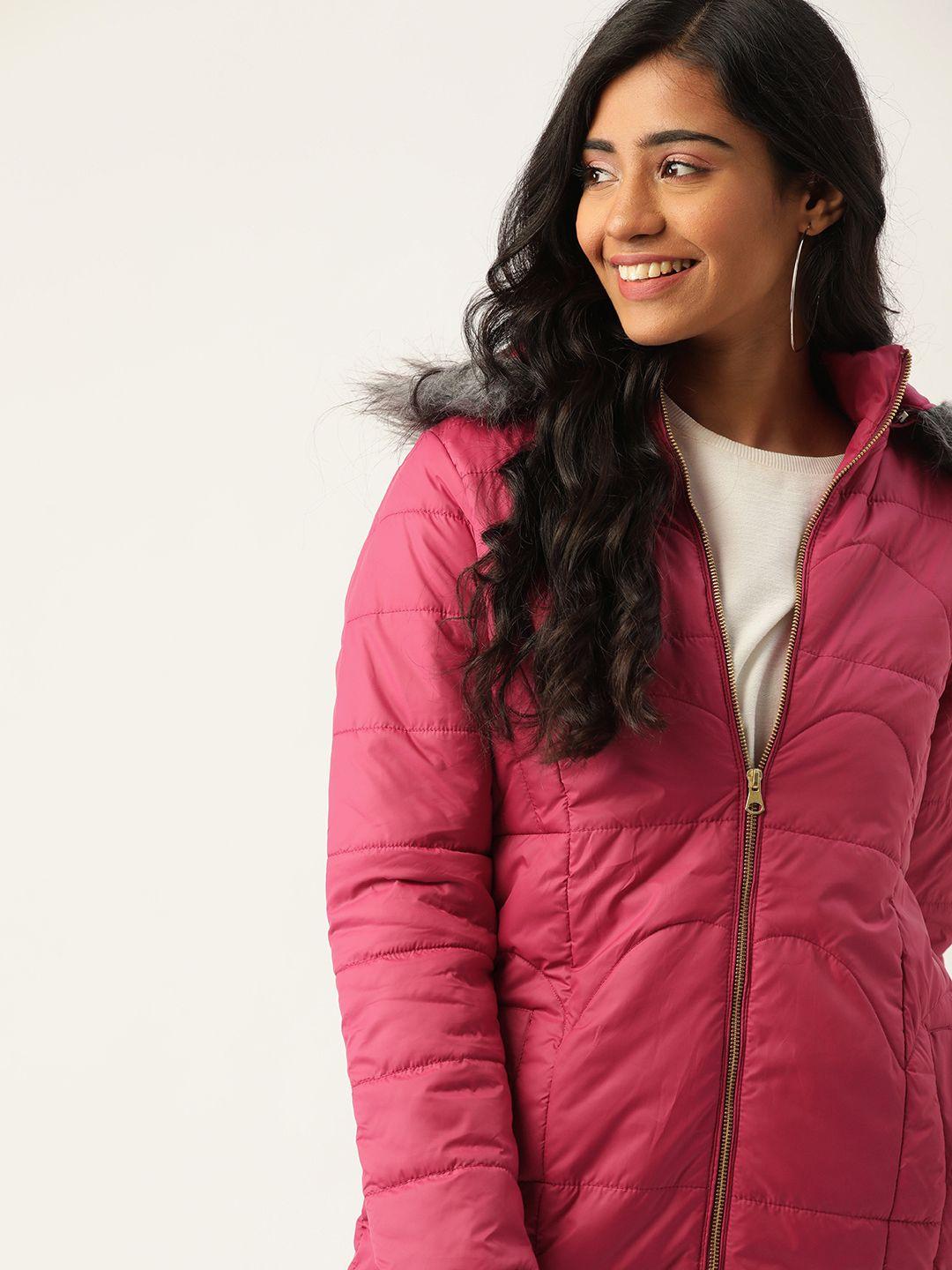 dressberry women pink solid detachable hooded longline parka jacket