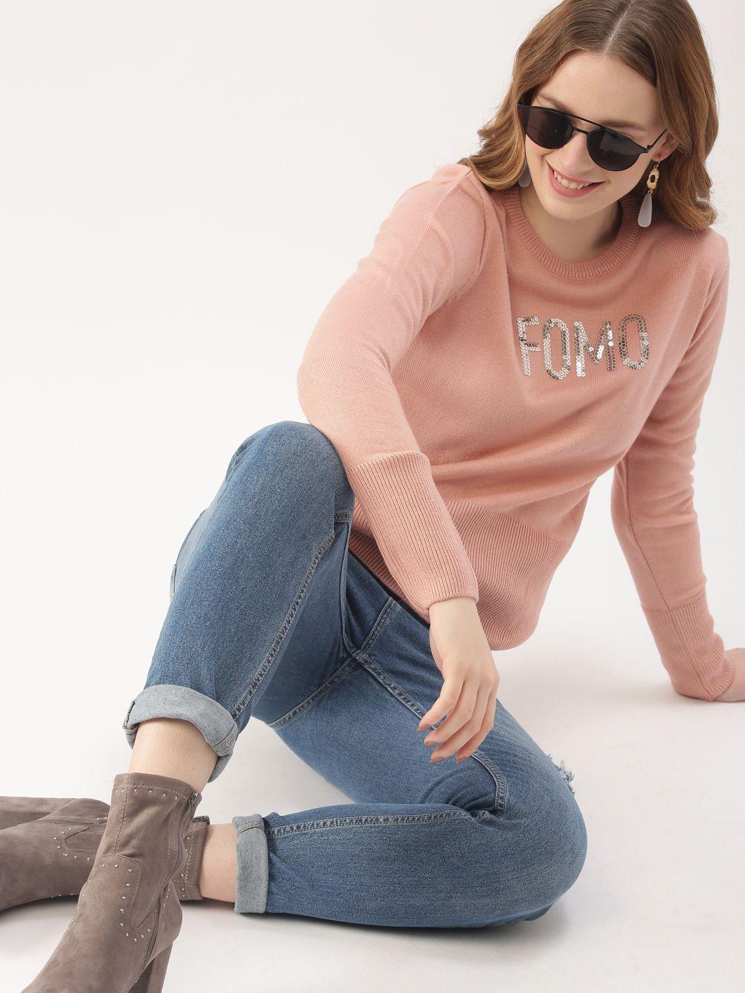 dressberry women pink solid embellished detail sweater