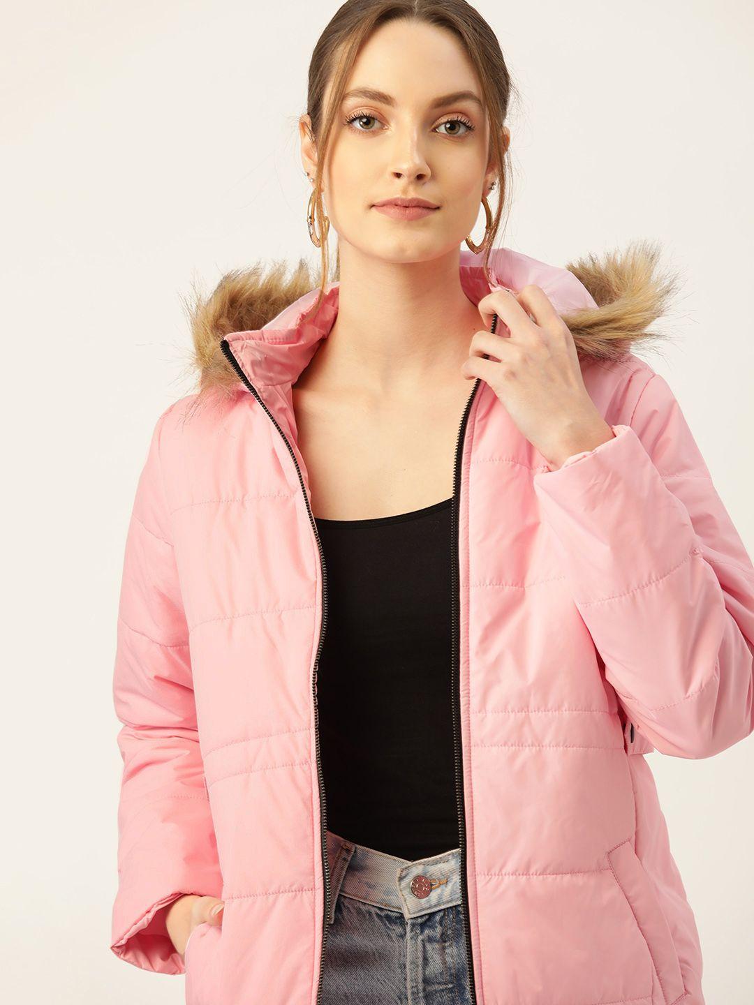 dressberry women pink solid hooded faux fur parka jacket