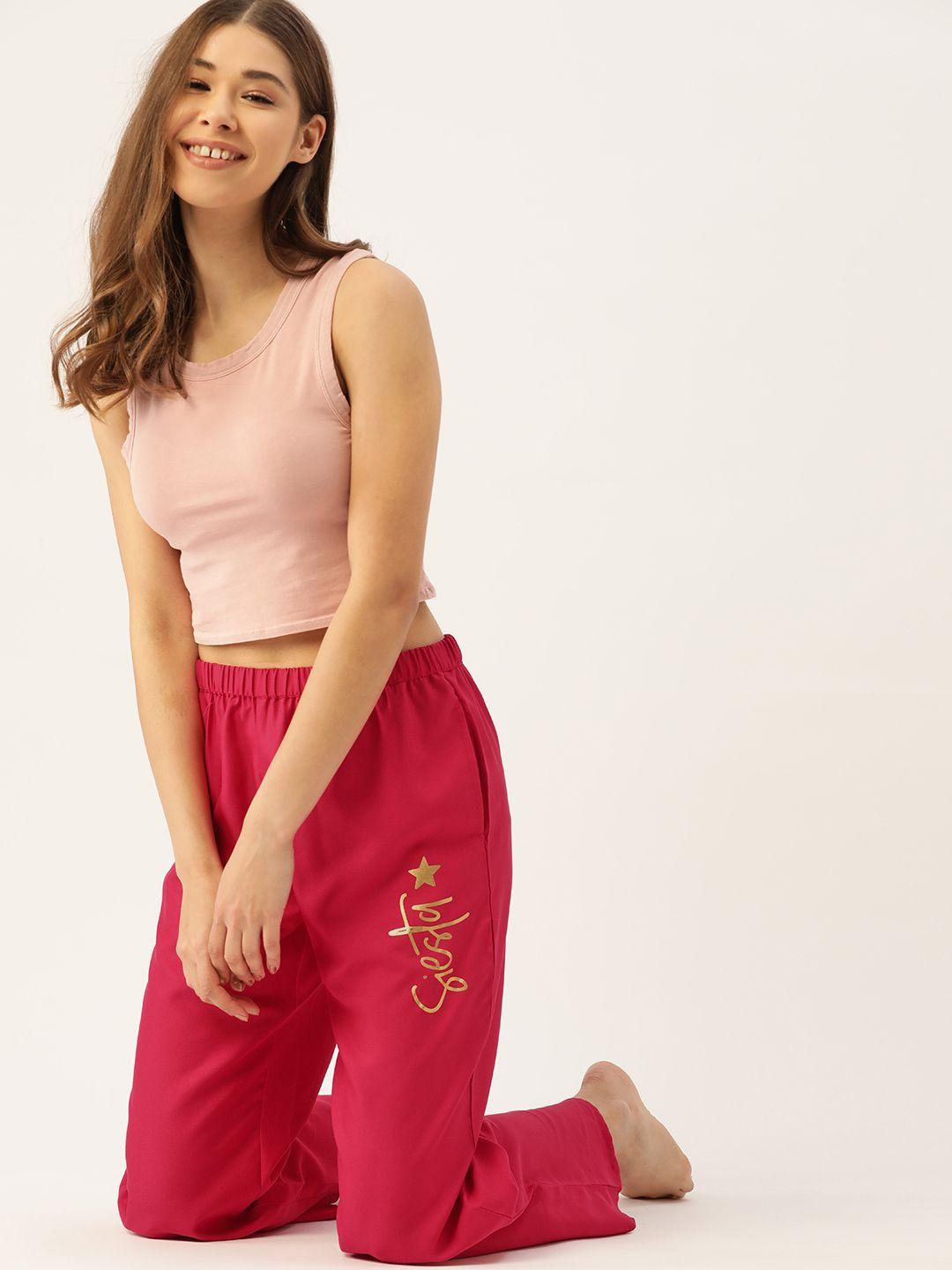 dressberry women pink solid lounge pants with overlapping detail