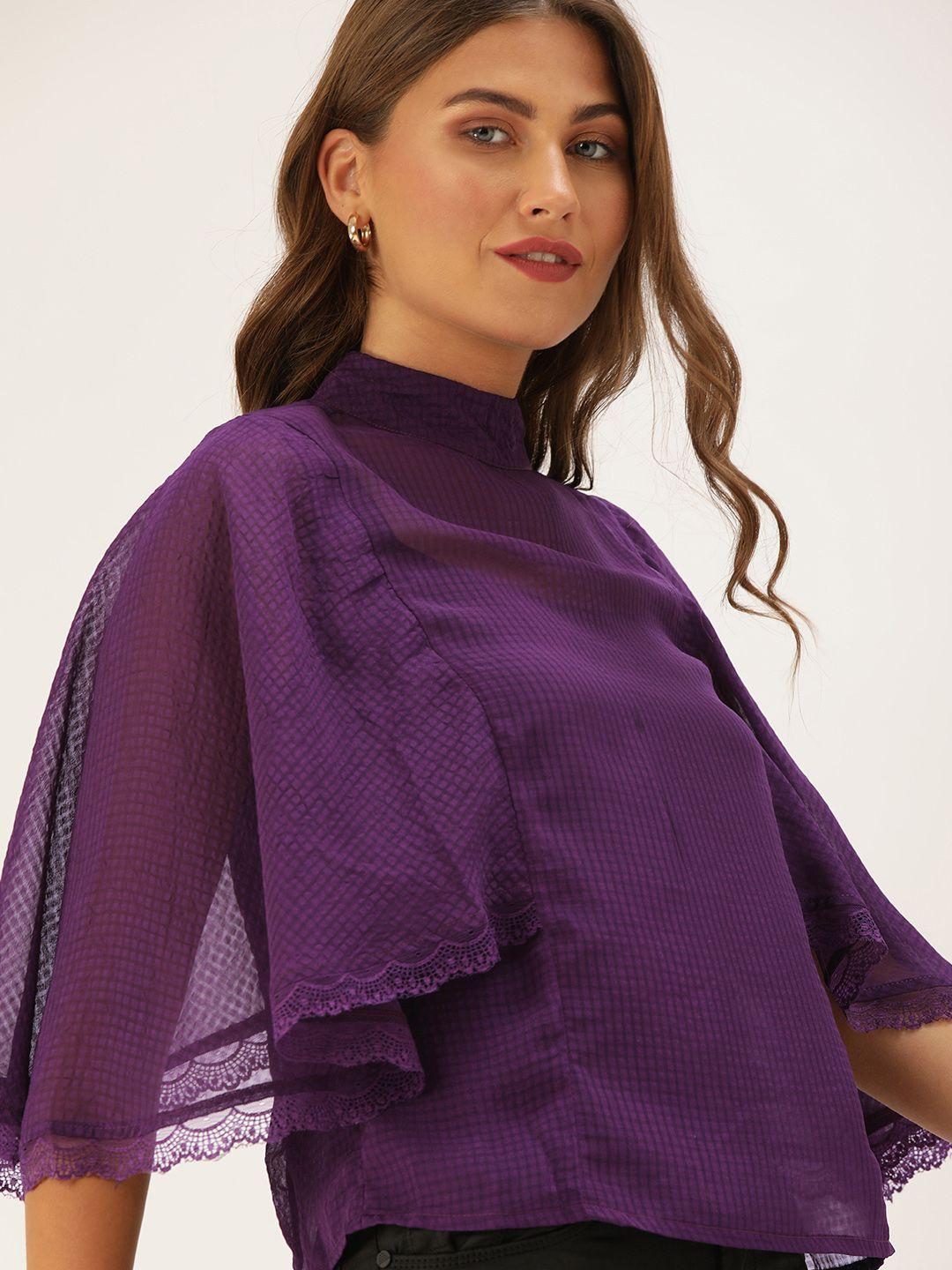 dressberry women purple self-checked sheer top with flared sleeves