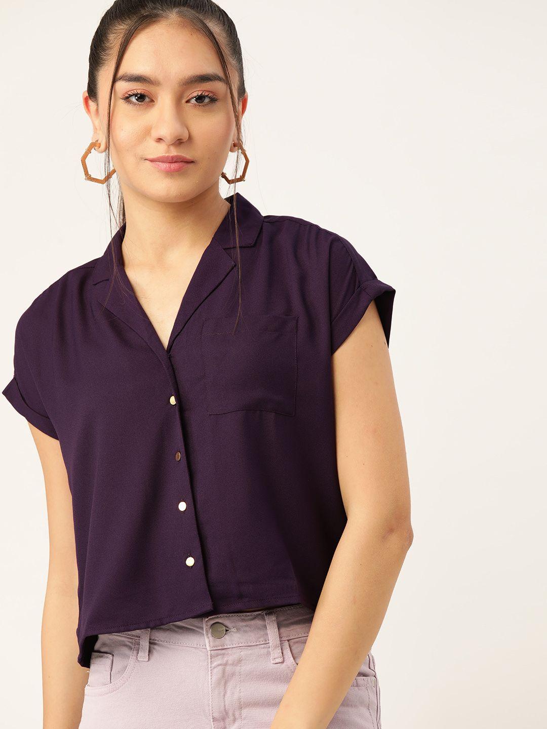 dressberry women purple solid cropped casual shirt