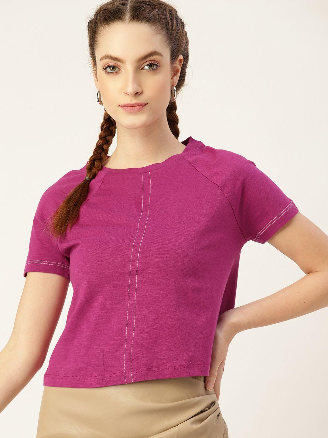 dressberry women purple solid pure cotton raglan sleeves t-shirt