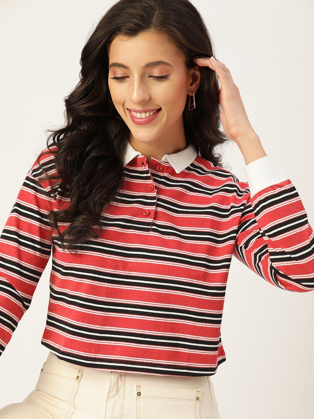 dressberry women red & black striped polo collar t-shirt