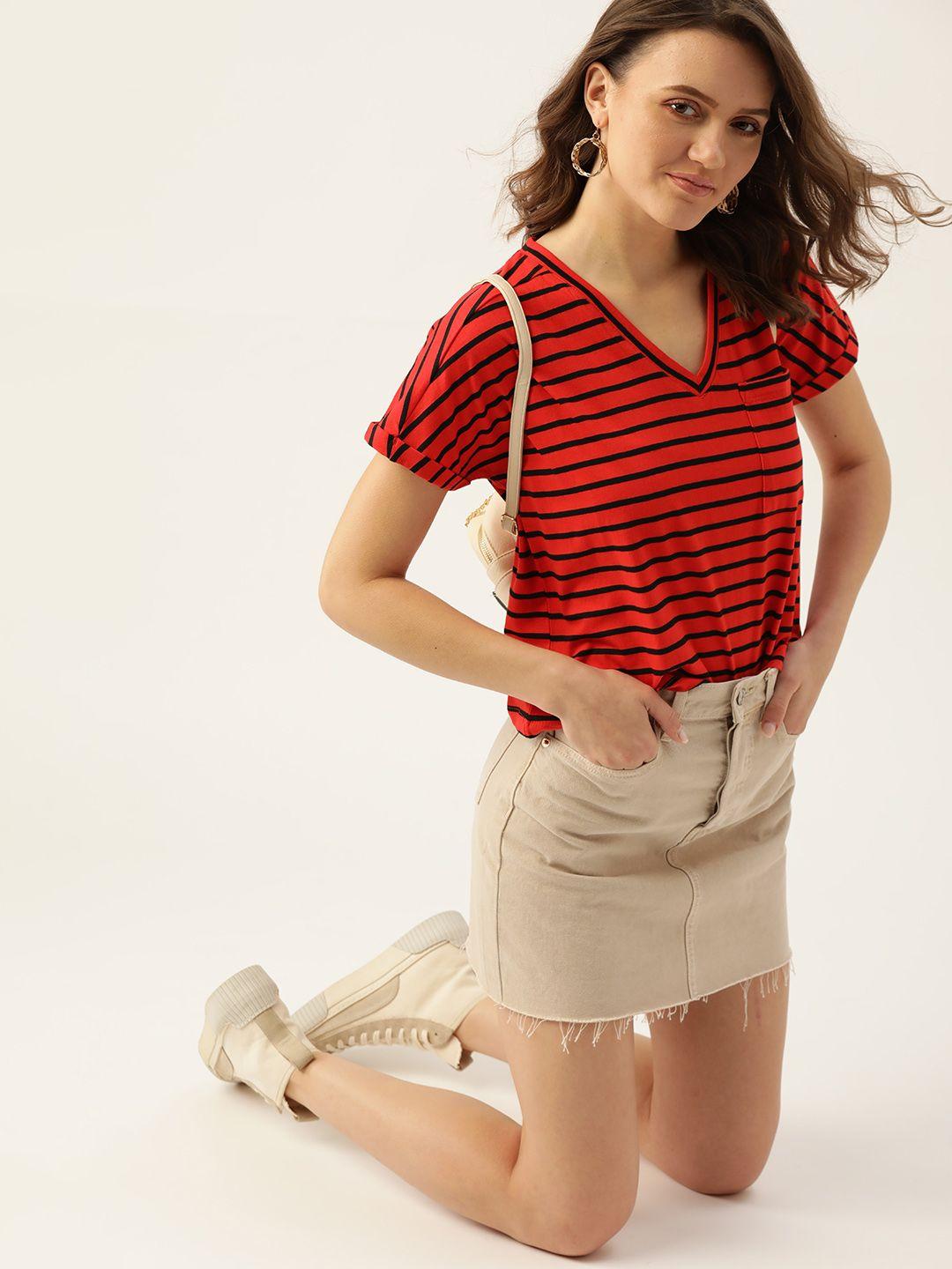 dressberry women red  black striped pure cotton t-shirt