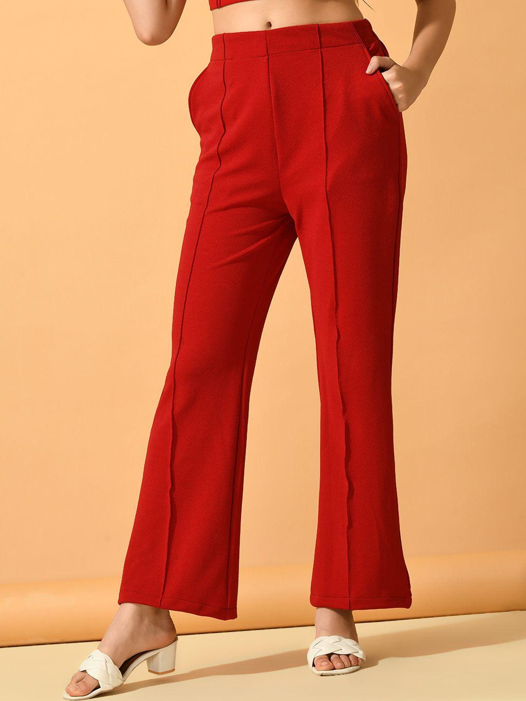 dressberry women red comfort flared lycra wrinkle free parallel trouser