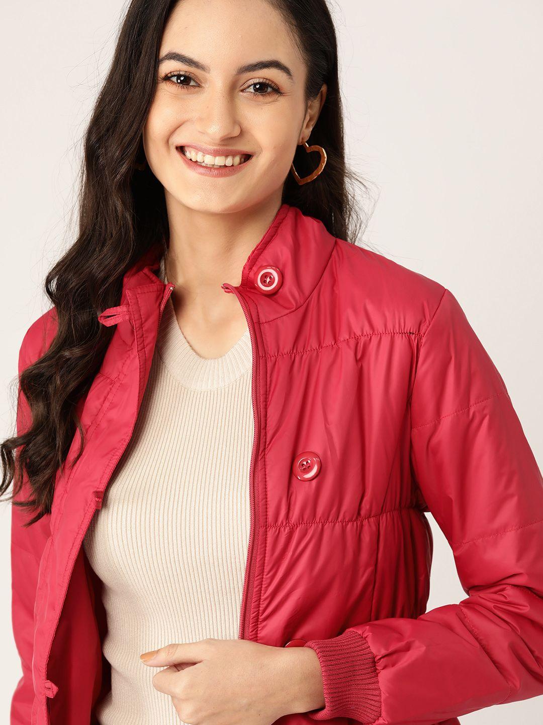 dressberry women red solid longline bomber jacket