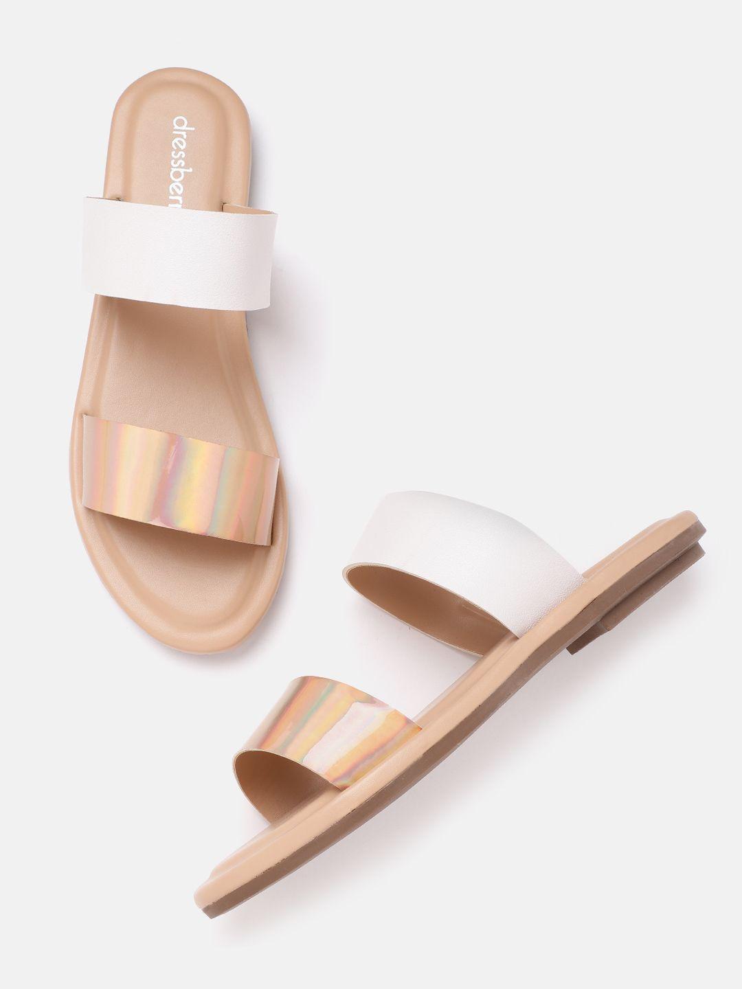 dressberry women rose gold-toned & white iridescent effect colourblocked open toe flats