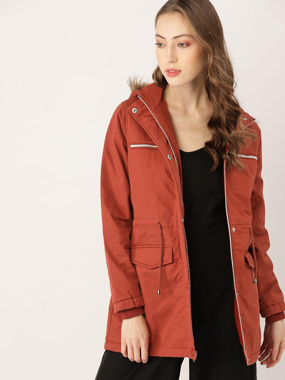 dressberry women rust orange pure cotton solid longline hooded parka jacket