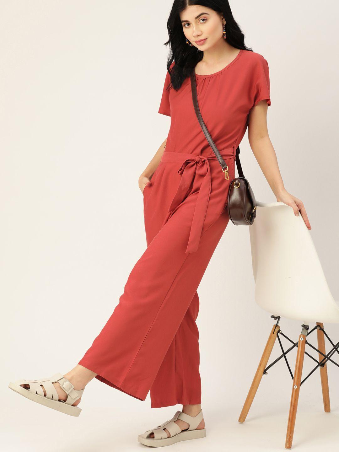 dressberry women rust orange solid basic jumpsuit with belt