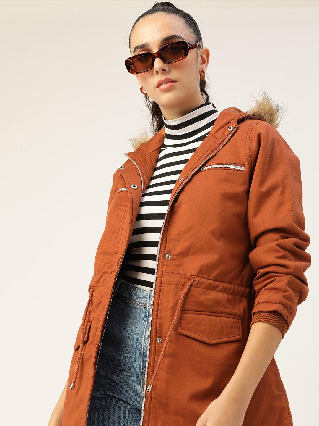 dressberry women rust orange solid pure cotton parka jacket