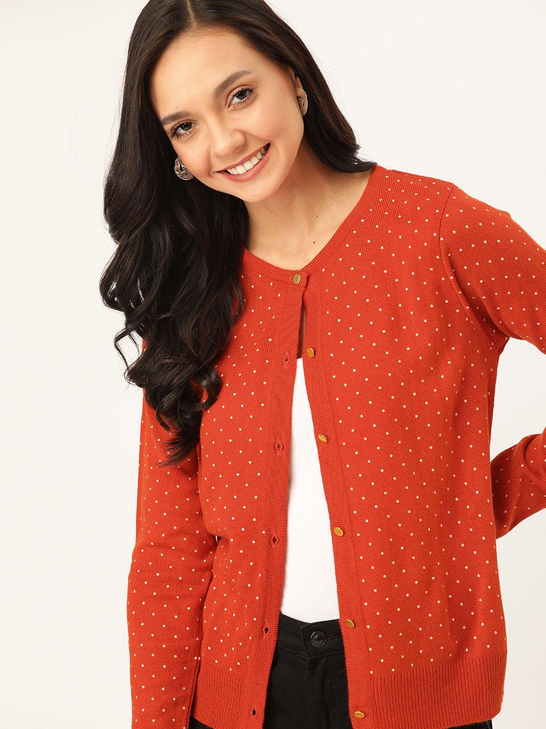 dressberry women rust red printed cardigan sweater