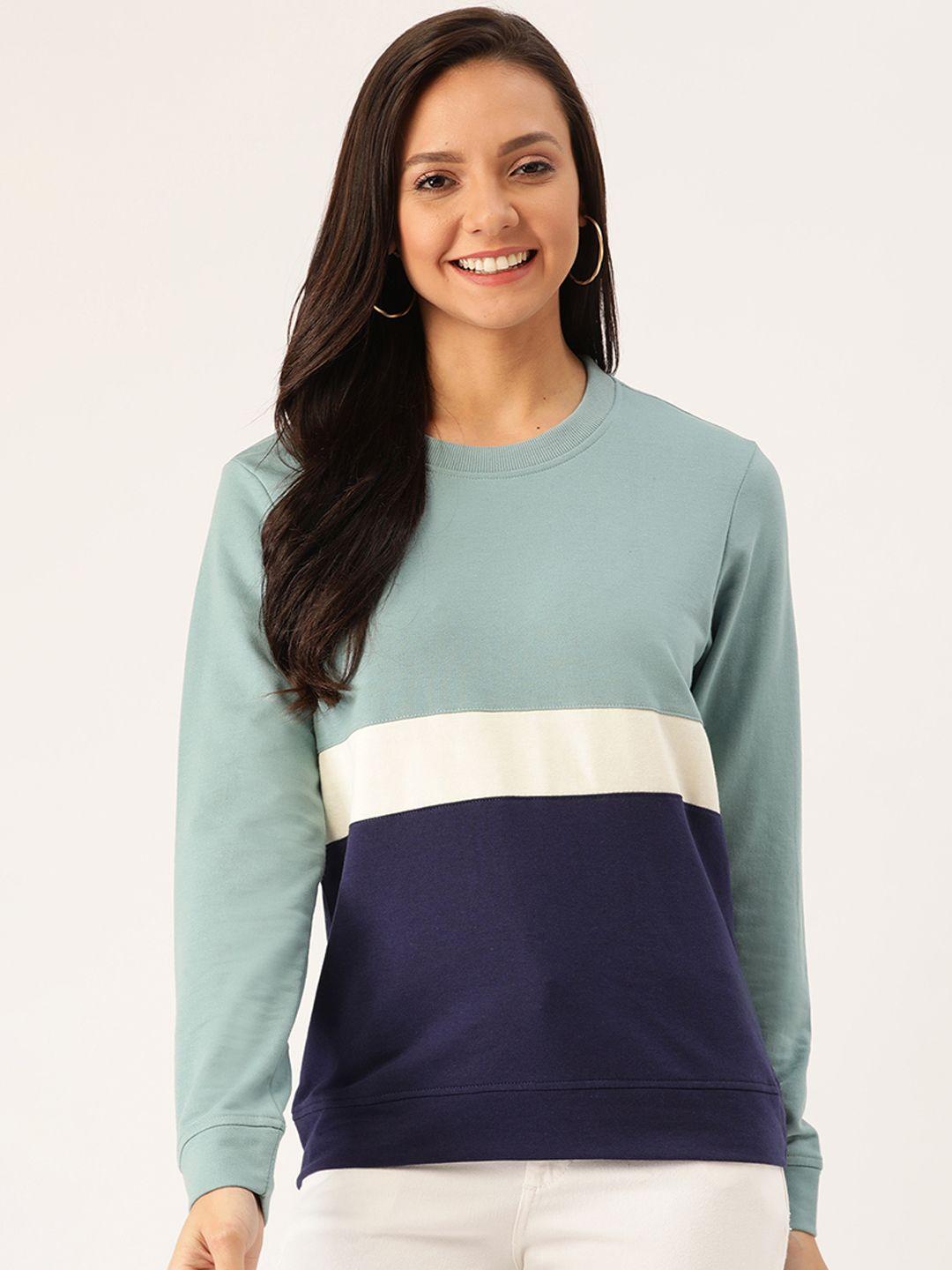 dressberry women sea green & navy blue colourblocked sweatshirt