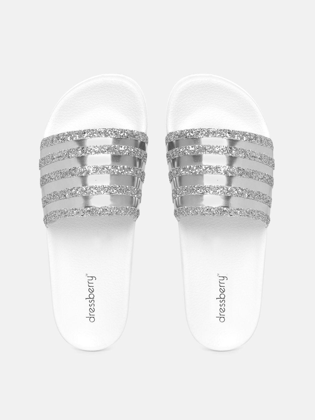 dressberry women silver-toned & white striped & shimmer sliders