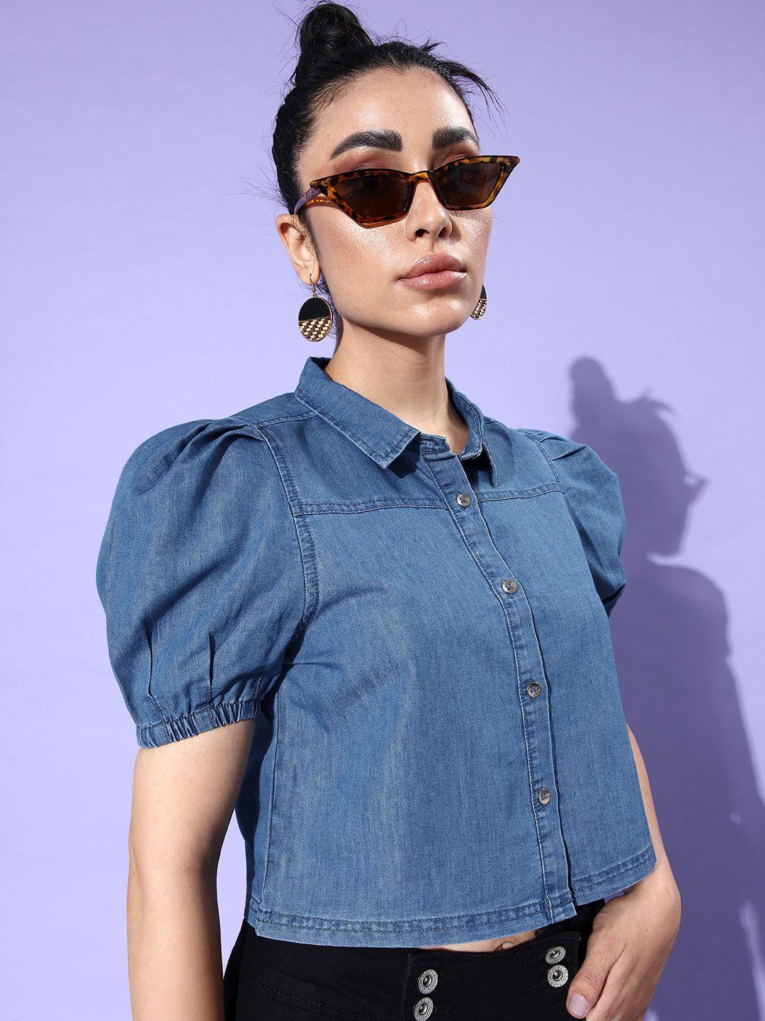 dressberry women spread collar puff sleeves chambray casual crop shirt