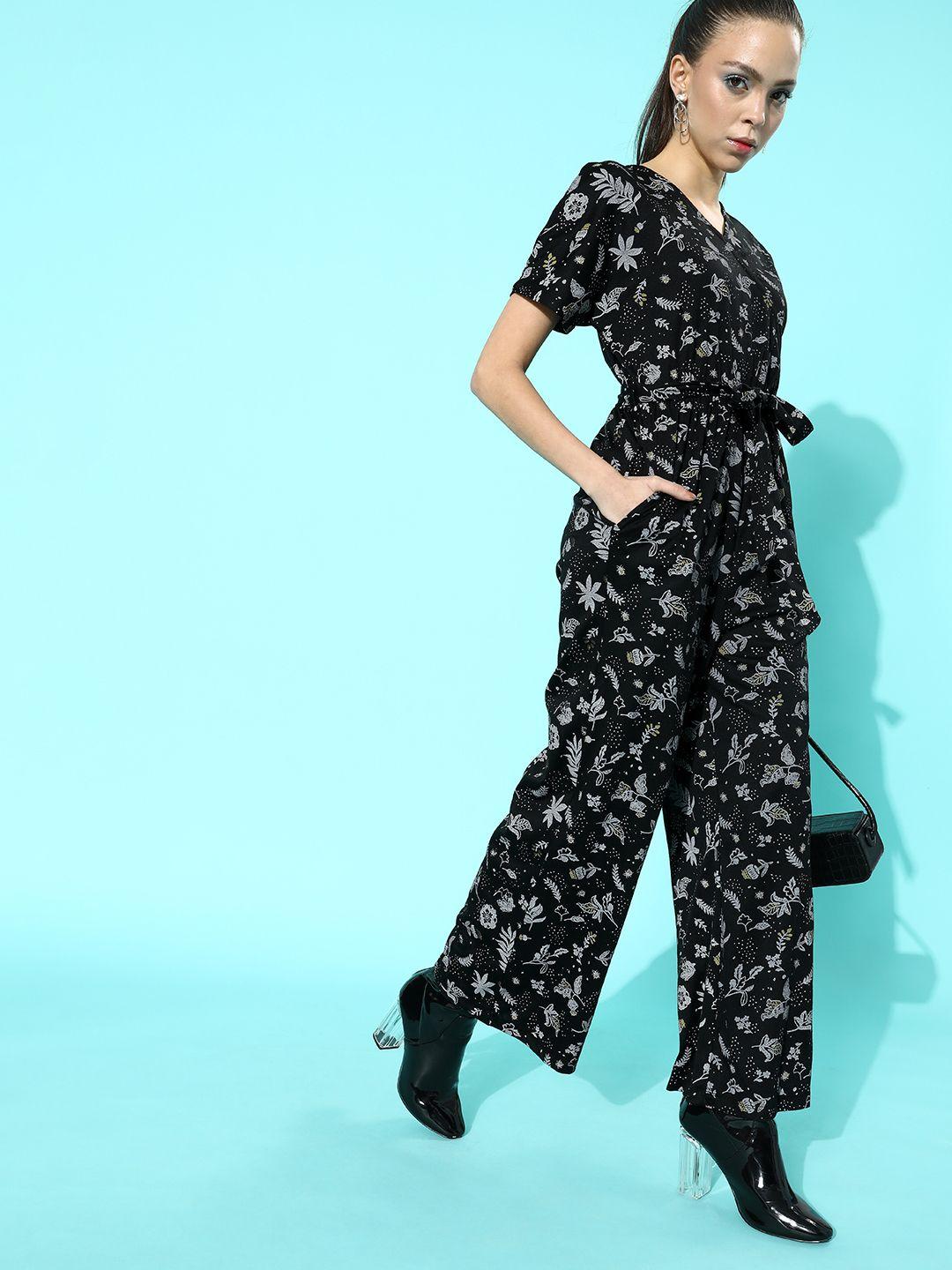 dressberry women stylish black printed belted jumpsuit