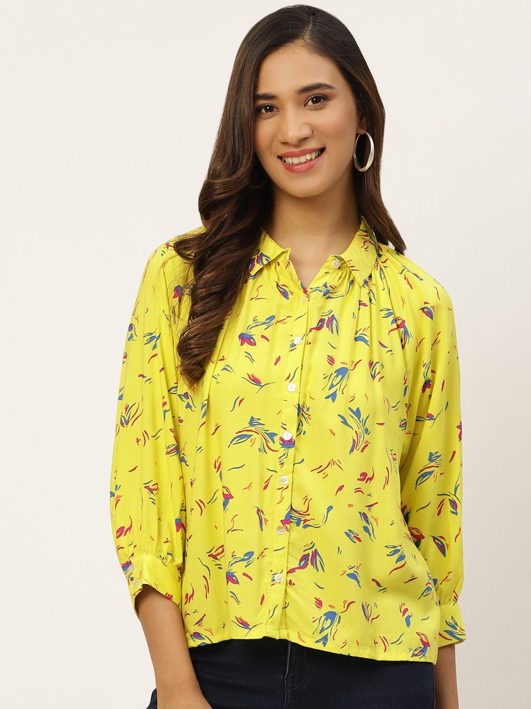 dressberry women sustainable ecovero yellow & blue regular fit printed casual shirt