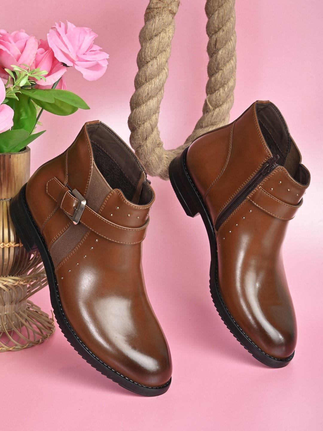 dressberry women tan brown buckle detail heeled mid-top regular boots