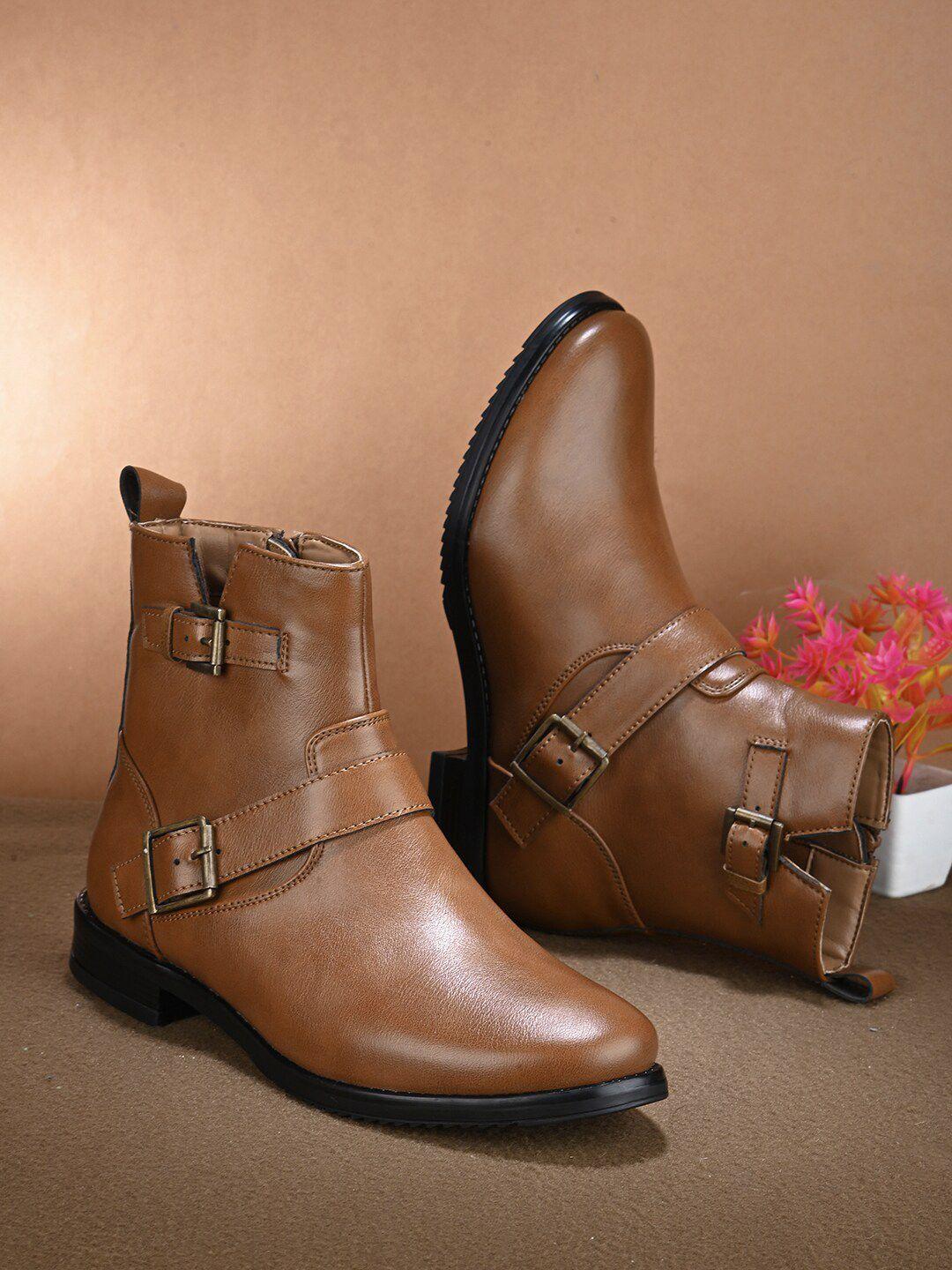 dressberry women tan brown buckled mid-top monk straps boots