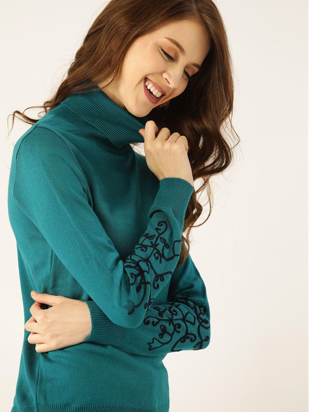 dressberry women teal blue solid pullover sweater