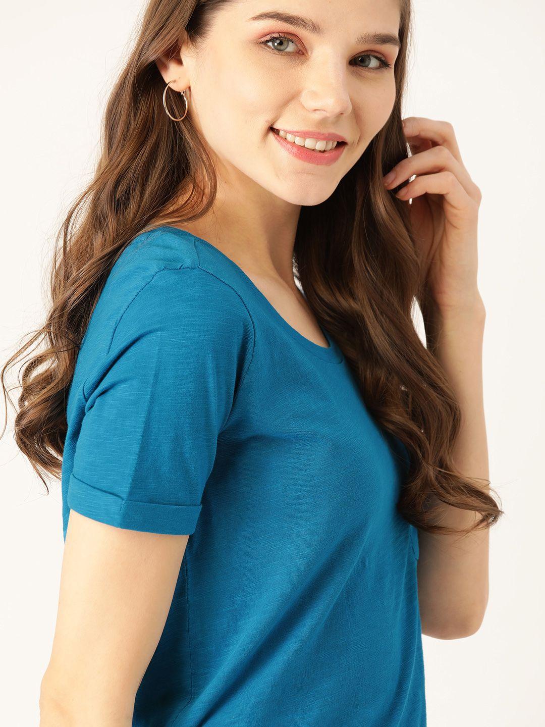 dressberry women teal blue solid round neck t-shirt