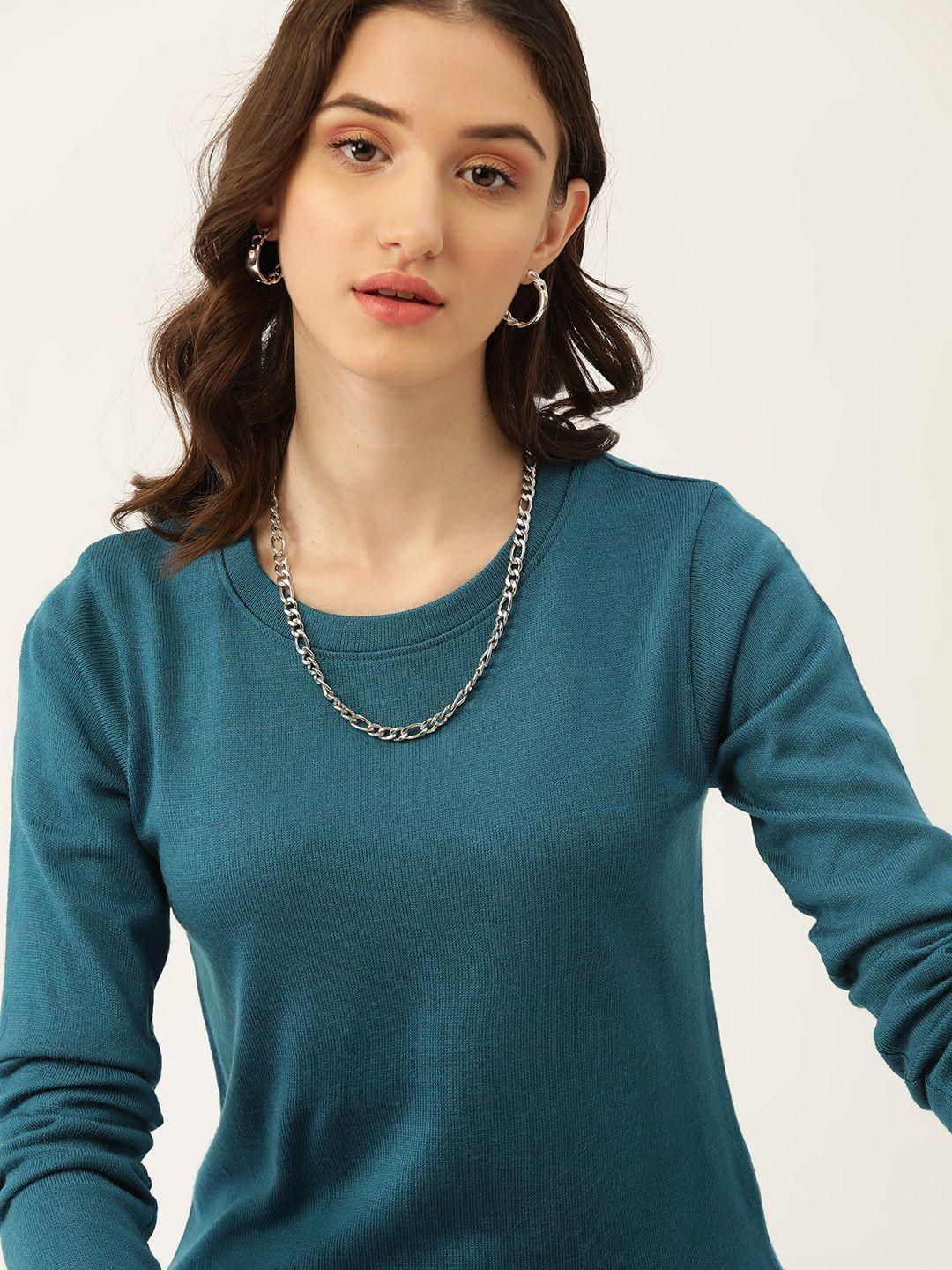 dressberry women teal green round knitted pullover