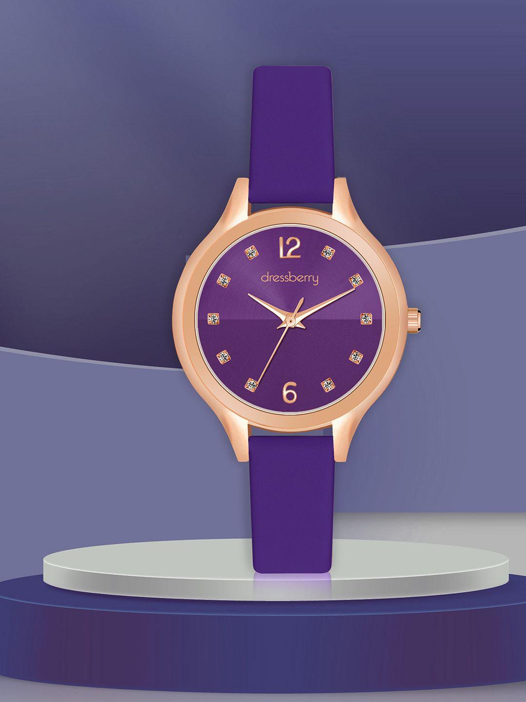 dressberry women textured brass dial & purple leather straps analogue watch db-202-purple